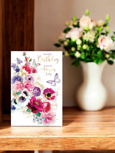 Open Female Birthday Card Pink White Lilac Flowers Butterflies & Foil 7.75x5.25" Open Female Birthday Card Pink White Lilac Flowers Butterflies & Foil 7.75x5.25"