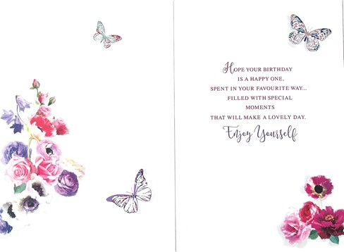 Open Female Birthday Card Pink White Lilac Flowers Butterflies & Foil 7.75x5.25" Open Female Birthday Card Pink White Lilac Flowers Butterflies & Foil 7.75x5.25"