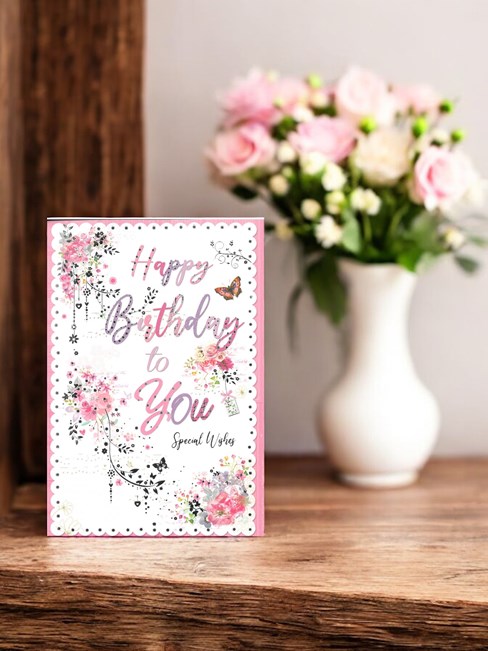 Open Female Birthday Card -Flowers & Butterfly with Silver Foil Detail 7.5x5.25" Open Female Birthday Card -Flowers & Butterfly with Silver Foil Detail 7.5x5.25"