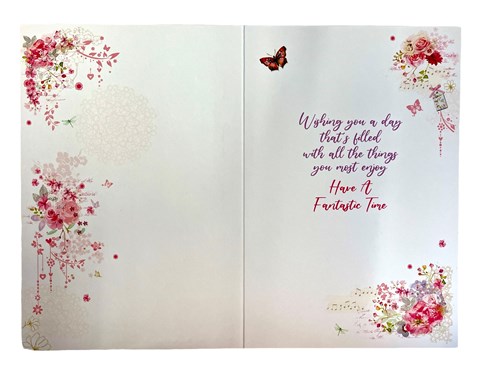 Open Female Birthday Card -Flowers & Butterfly with Silver Foil Detail 7.5x5.25" Open Female Birthday Card -Flowers & Butterfly with Silver Foil Detail 7.5x5.25"