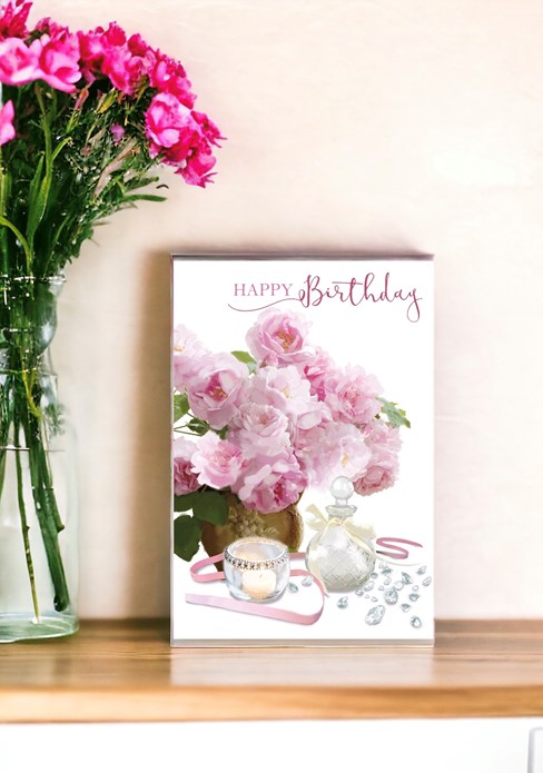 Open Female Birthday Card - Pink Flowers & Candle with Glitter 7.75x5.25" Open Female Birthday Card - Pink Flowers & Candle with Glitter 7.75x5.25"