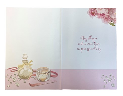 Open Female Birthday Card - Pink Flowers & Candle with Glitter 7.75x5.25" Open Female Birthday Card - Pink Flowers & Candle with Glitter 7.75x5.25"