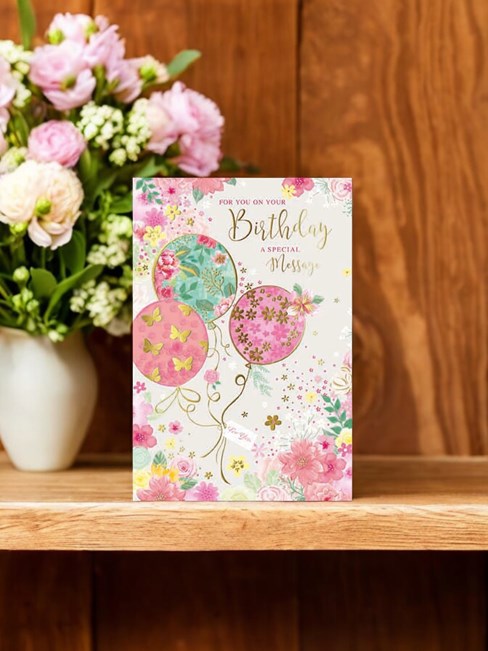 Open Female Birthday Card - Pink Green Balloons Flowers & Butterflies 7.75x5.25" Open Female Birthday Card - Pink Green Balloons Flowers & Butterflies 7.75x5.25"