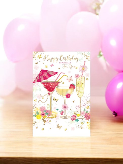 Open Female Birthday Card - Cocktails and Flowers with Gold Foil 7.75x5.25" Open Female Birthday Card - Cocktails and Flowers with Gold Foil 7.75x5.25"
