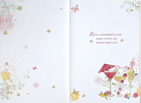 Open Female Birthday Card - Cocktails and Flowers with Gold Foil 7.75x5.25" Open Female Birthday Card - Cocktails and Flowers with Gold Foil 7.75x5.25"