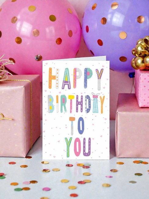 Open Female Birthday Card - Pastel Coloured Writing Pink Hearts Foil 7.75x5.25" Open Female Birthday Card - Pastel Coloured Writing Pink Hearts Foil 7.75x5.25"