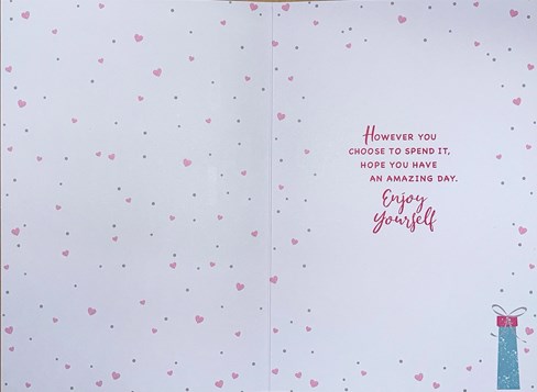 Open Female Birthday Card - Pastel Coloured Writing Pink Hearts Foil 7.75x5.25" Open Female Birthday Card - Pastel Coloured Writing Pink Hearts Foil 7.75x5.25"