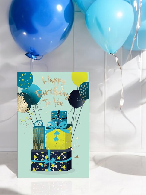 Open Male Birthday Card - Blue Yellow Presents Balloons and Gold Foil 7.75x5.25" Open Male Birthday Card - Blue Yellow Presents Balloons and Gold Foil 7.75x5.25"
