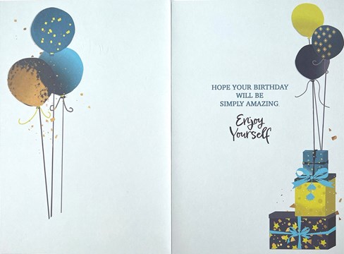 Open Male Birthday Card - Blue Yellow Presents Balloons and Gold Foil 7.75x5.25" Open Male Birthday Card - Blue Yellow Presents Balloons and Gold Foil 7.75x5.25"