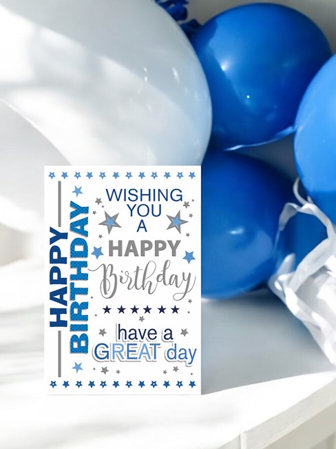 Open Male Birthday Card - Blue Writing and Star with Silver Foil 7.75" x 5.25" Open Male Birthday Card - Blue Writing and Star with Silver Foil 7.75" x 5.25"