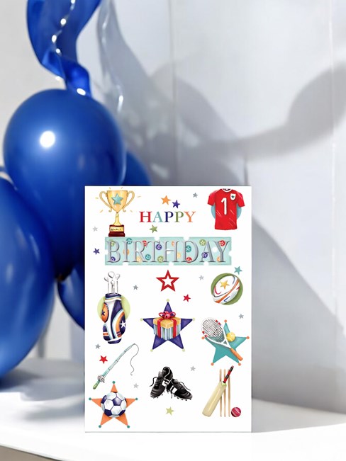 Open Male Birthday Card - Red Football Shirt, Boots, Ball & Trophy 7.75" x 5.25" Open Male Birthday Card - Red Football Shirt, Boots, Ball & Trophy 7.75" x 5.25"