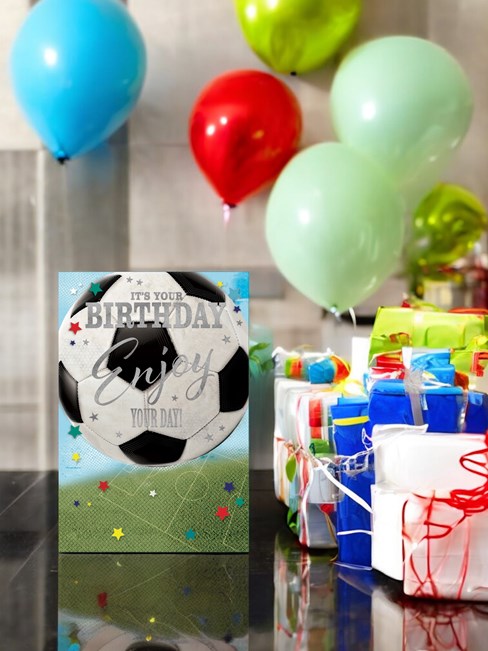 Open Male Birthday Card - Big Football above Pitch and Silver Foil 7.5x5.5" Open Male Birthday Card - Big Football above Pitch and Silver Foil 7.5x5.5"
