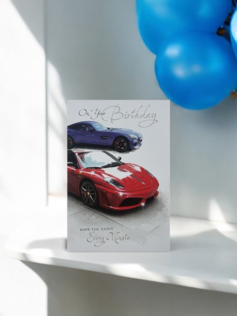 Open Male Birthday Card - Blue and Red Sports Cars with Silver Foil 7.75x5.25" Open Male Birthday Card - Blue and Red Sports Cars with Silver Foil 7.75x5.25"
