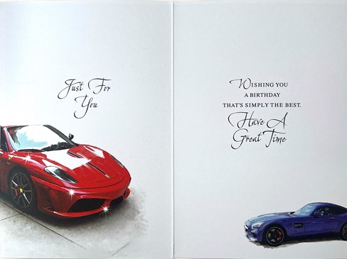 Open Male Birthday Card - Blue and Red Sports Cars with Silver Foil 7.75x5.25" Open Male Birthday Card - Blue and Red Sports Cars with Silver Foil 7.75x5.25"