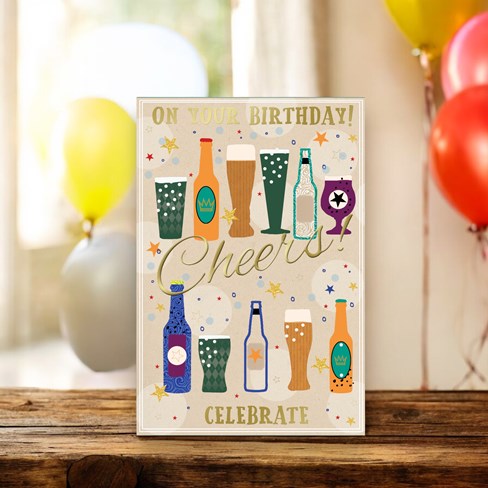 Open Male Birthday Card - Beer Bottles and Pint Glasses with Gold Foil 7.5x5.25 Open Male Birthday Card - Beer Bottles and Pint Glasses with Gold Foil 7.5x5.25