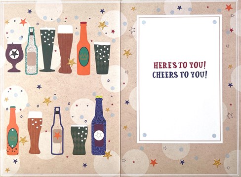 Open Male Birthday Card - Beer Bottles and Pint Glasses with Gold Foil 7.5x5.25 Open Male Birthday Card - Beer Bottles and Pint Glasses with Gold Foil 7.5x5.25