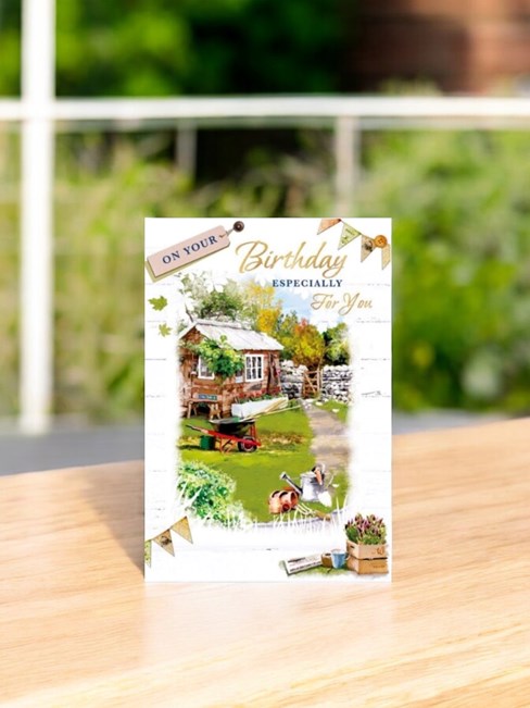 Open Male Birthday Card - Garden Shed Wheelbarrow & Tools Gold Foil 7.75x5.25" Open Male Birthday Card - Garden Shed Wheelbarrow & Tools Gold Foil 7.75x5.25"