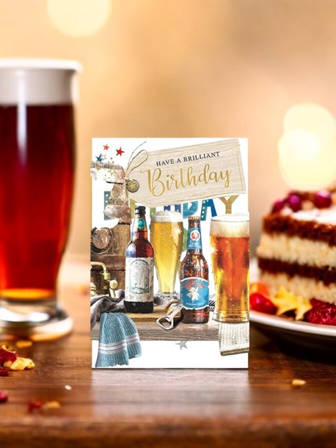 Open Male Birthday Card - Bottles and Pints of Beer and Keg with Foil 7.75x5.25" Open Male Birthday Card - Bottles and Pints of Beer and Keg with Foil 7.75x5.25"