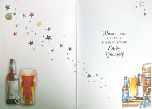 Open Male Birthday Card - Bottles and Pints of Beer and Keg with Foil 7.75x5.25" Open Male Birthday Card - Bottles and Pints of Beer and Keg with Foil 7.75x5.25"