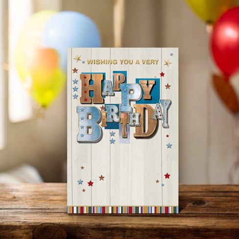 Open Male Birthday Card -Blue & Brown Writing With Gold Foil & Stars 7.75x5.25" Open Male Birthday Card -Blue & Brown Writing With Gold Foil & Stars 7.75x5.25"