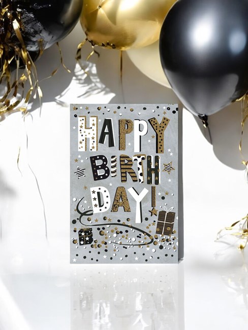 Open Birthday Card - Grey with Black White & Gold Foil Writing 7.75x5.25" Open Birthday Card - Grey with Black White & Gold Foil Writing 7.75x5.25"