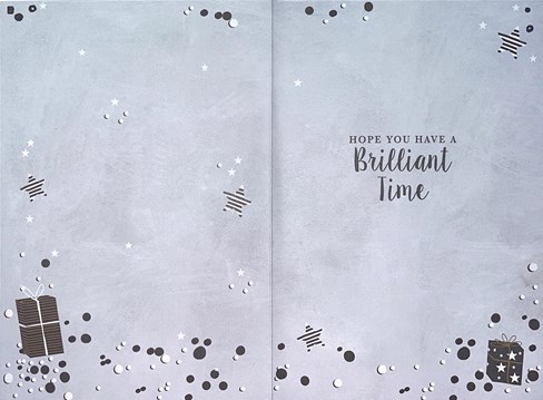 Open Birthday Card - Grey with Black White & Gold Foil Writing 7.75x5.25" Open Birthday Card - Grey with Black White & Gold Foil Writing 7.75x5.25"