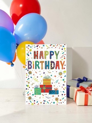 Open Male Birthday Card - Multicoloured Text and Gifts Gold Foil 7.75x5.25" Open Male Birthday Card - Multicoloured Text and Gifts Gold Foil 7.75x5.25"