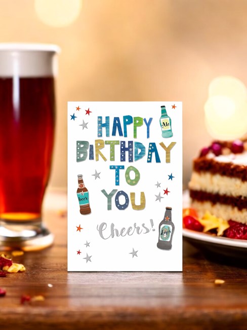 Open Male Birthday Card - Beer Bottles Blue Green Writing Silver Foil 7.75x5.25" Open Male Birthday Card - Beer Bottles Blue Green Writing Silver Foil 7.75x5.25"