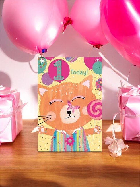 Age 1 Birthday Card - 1st Birthday Ginger Cat Pink Butterfly and Foil 7.75x5.25 Age 1 Birthday Card - 1st Birthday Ginger Cat Pink Butterfly and Foil 7.75x5.25