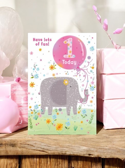 Age 1 Girl Birthday Card - 1st Birthday Elephant with Pink Balloon 7.75x5.25" Age 1 Girl Birthday Card - 1st Birthday Elephant with Pink Balloon 7.75x5.25"