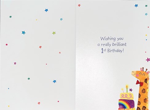 Age 1 Birthday Card - 1st Birthday Giraffe with Multicoloured Cake 7.75"x5.25" Age 1 Birthday Card - 1st Birthday Giraffe with Multicoloured Cake 7.75"x5.25"