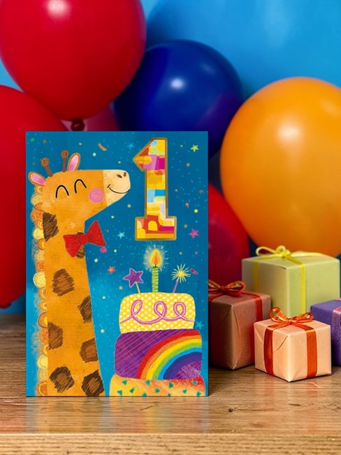 Age 1 Birthday Card - 1st Birthday Giraffe with Multicoloured Cake 7.75"x5.25" Age 1 Birthday Card - 1st Birthday Giraffe with Multicoloured Cake 7.75"x5.25"