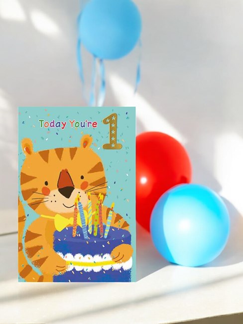 Age 1 Boy Birthday Card - 1st Birthday Tiger with Cake and Red Foil 7.75x5.25 Age 1 Boy Birthday Card - 1st Birthday Tiger with Cake and Red Foil 7.75x5.25