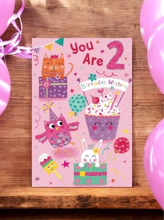 Age 2 Birthday Card - 2nd Birthday Girl Animals & Cupcake Silver Foil 7.75x5.25" Age 2 Birthday Card - 2nd Birthday Girl Animals & Cupcake Silver Foil 7.75x5.25"