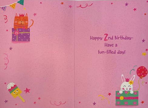 Age 2 Birthday Card - 2nd Birthday Girl Animals & Cupcake Silver Foil 7.75x5.25" Age 2 Birthday Card - 2nd Birthday Girl Animals & Cupcake Silver Foil 7.75x5.25"