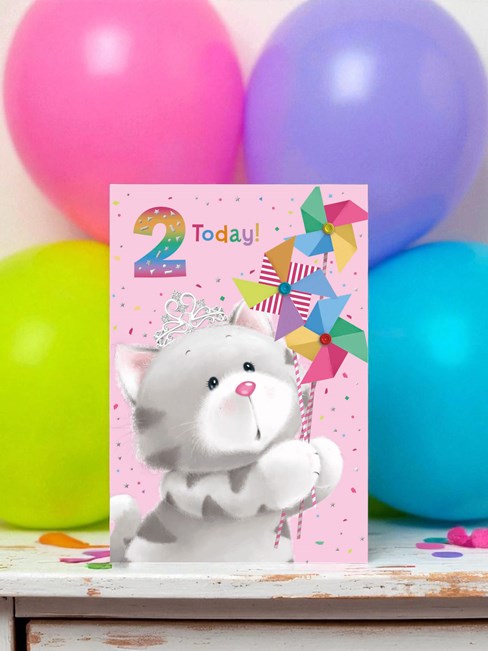 Age 2 Birthday Card - 2nd Birthday Cat in Tiara with Windmills 7.75x5.25" Age 2 Birthday Card - 2nd Birthday Cat in Tiara with Windmills 7.75x5.25"