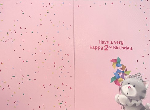 Age 2 Birthday Card - 2nd Birthday Cat in Tiara with Windmills 7.75x5.25" Age 2 Birthday Card - 2nd Birthday Cat in Tiara with Windmills 7.75x5.25"