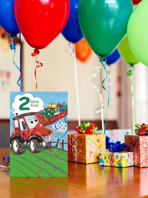 Age 2 Boy Birthday Card - 2nd Birthday Red Tractor with Gifts & Foil 7.75x5.25" Age 2 Boy Birthday Card - 2nd Birthday Red Tractor with Gifts & Foil 7.75x5.25"