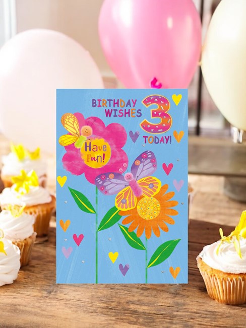 Age 3 3rd Birthday Card - Bright Flowers Butterflies Hearts and Foil 7.75x5.25" Age 3 3rd Birthday Card - Bright Flowers Butterflies Hearts and Foil 7.75x5.25"