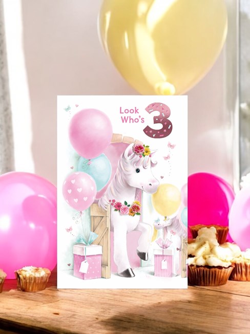 Age 3 Girl Birthday Card - 3rd Birthday White Pony Horse & Balloons 7.75x5.25" Age 3 Girl Birthday Card - 3rd Birthday White Pony Horse & Balloons 7.75x5.25"