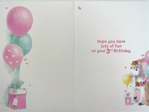 Age 3 Girl Birthday Card - 3rd Birthday White Pony Horse & Balloons 7.75x5.25" Age 3 Girl Birthday Card - 3rd Birthday White Pony Horse & Balloons 7.75x5.25"
