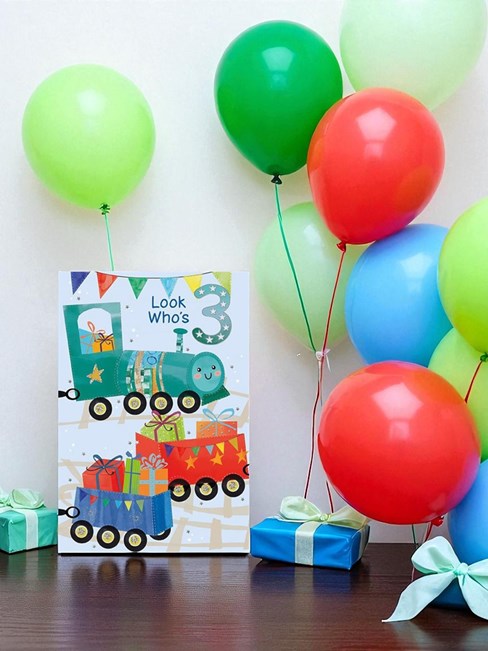 Age 3 Boy Birthday Card - 3rd Birthday Green Train Blue Red Carriages 7.75x5.25" Age 3 Boy Birthday Card - 3rd Birthday Green Train Blue Red Carriages 7.75x5.25"