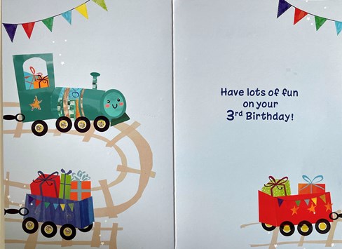 Age 3 Boy Birthday Card - 3rd Birthday Green Train Blue Red Carriages 7.75x5.25" Age 3 Boy Birthday Card - 3rd Birthday Green Train Blue Red Carriages 7.75x5.25"