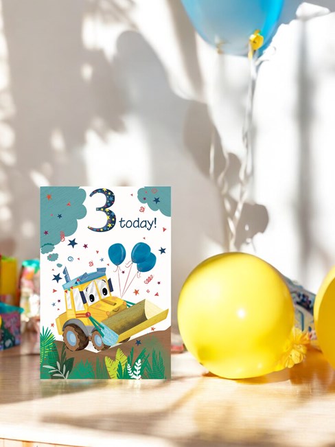 Age 3 Birthday Card - 3rd Birthday Digger with Blue Balloons 7.75x5.25" Age 3 Birthday Card - 3rd Birthday Digger with Blue Balloons 7.75x5.25"