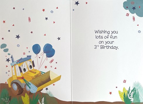 Age 3 Birthday Card - 3rd Birthday Digger with Blue Balloons 7.75x5.25" Age 3 Birthday Card - 3rd Birthday Digger with Blue Balloons 7.75x5.25"