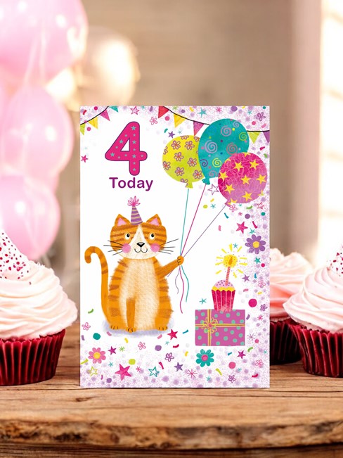Age 4 Girl Birthday Card - 4 Today Cat with Balloons Presents Stars 7.5x5.25" Age 4 Girl Birthday Card - 4 Today Cat with Balloons Presents Stars 7.5x5.25"