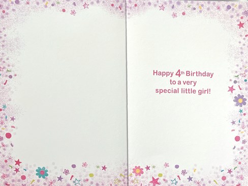 Age 4 Girl Birthday Card - 4 Today Cat with Balloons Presents Stars 7.5x5.25" Age 4 Girl Birthday Card - 4 Today Cat with Balloons Presents Stars 7.5x5.25"