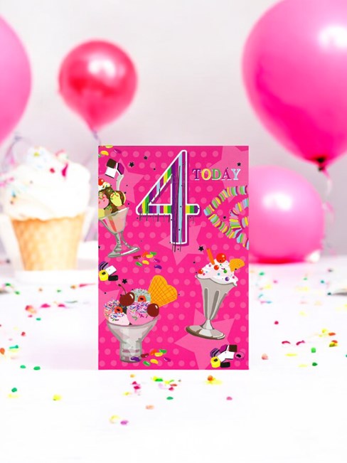 Age 4 Girl 4th Birthday Card - Ice Cream Sundaes Sweets Silver Foil 7.75x5.25" Age 4 Girl 4th Birthday Card - Ice Cream Sundaes Sweets Silver Foil 7.75x5.25"