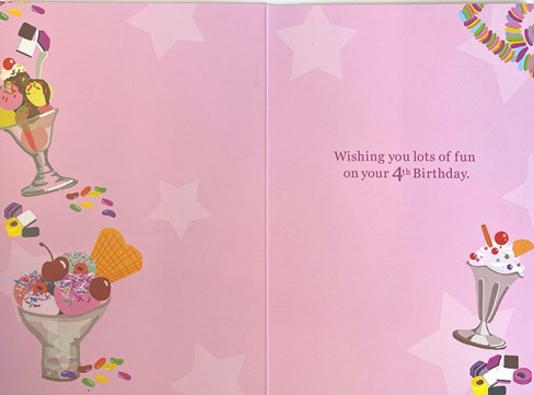 Age 4 Girl 4th Birthday Card - Ice Cream Sundaes Sweets Silver Foil 7.75x5.25" Age 4 Girl 4th Birthday Card - Ice Cream Sundaes Sweets Silver Foil 7.75x5.25"