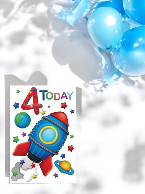 Age 4 Boy 4th Birthday Card - Blue & Red Rocket With Planets & Stars 7.75x5.25" Age 4 Boy 4th Birthday Card - Blue & Red Rocket With Planets & Stars 7.75x5.25"
